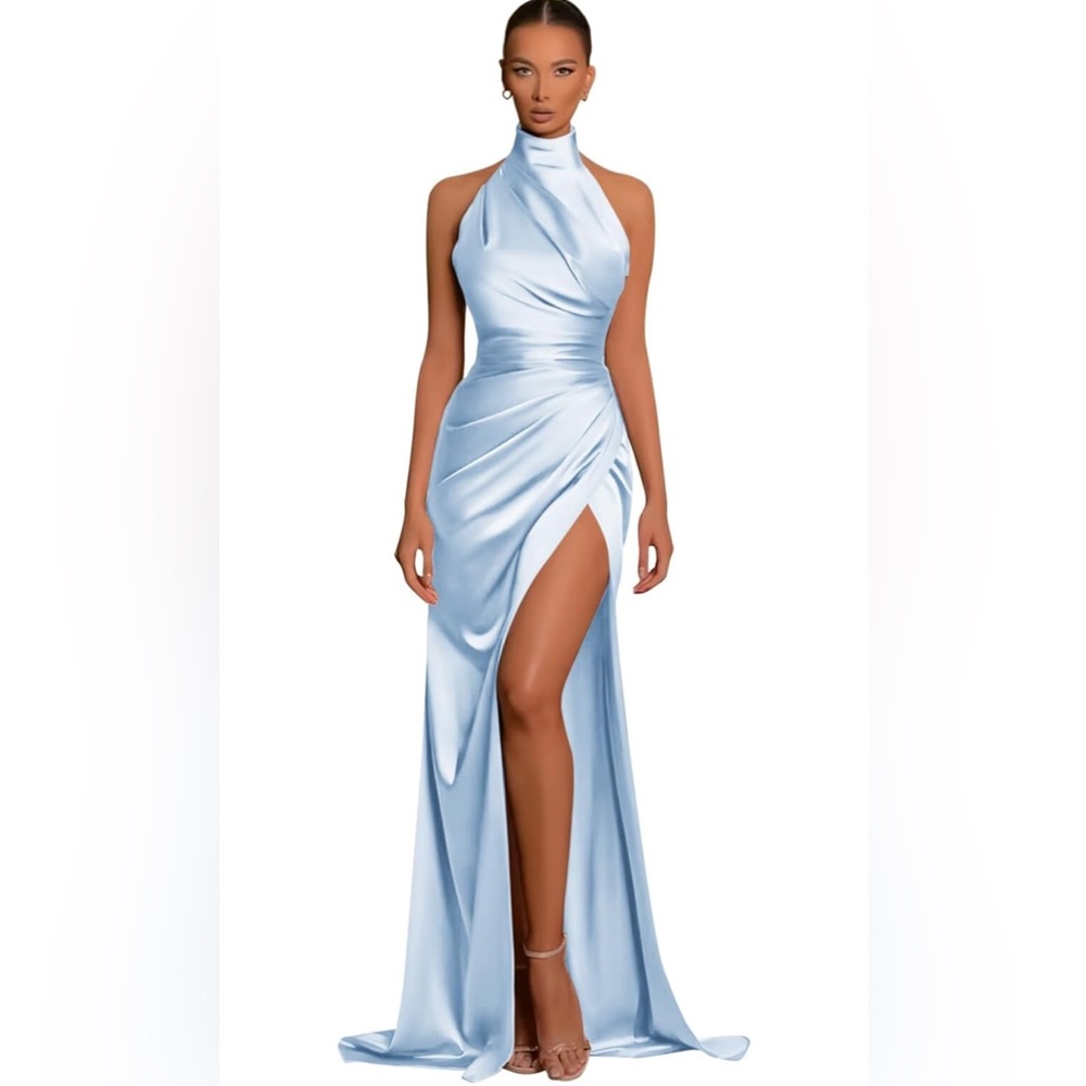 Light Blue Formal Halter Gown with Slit